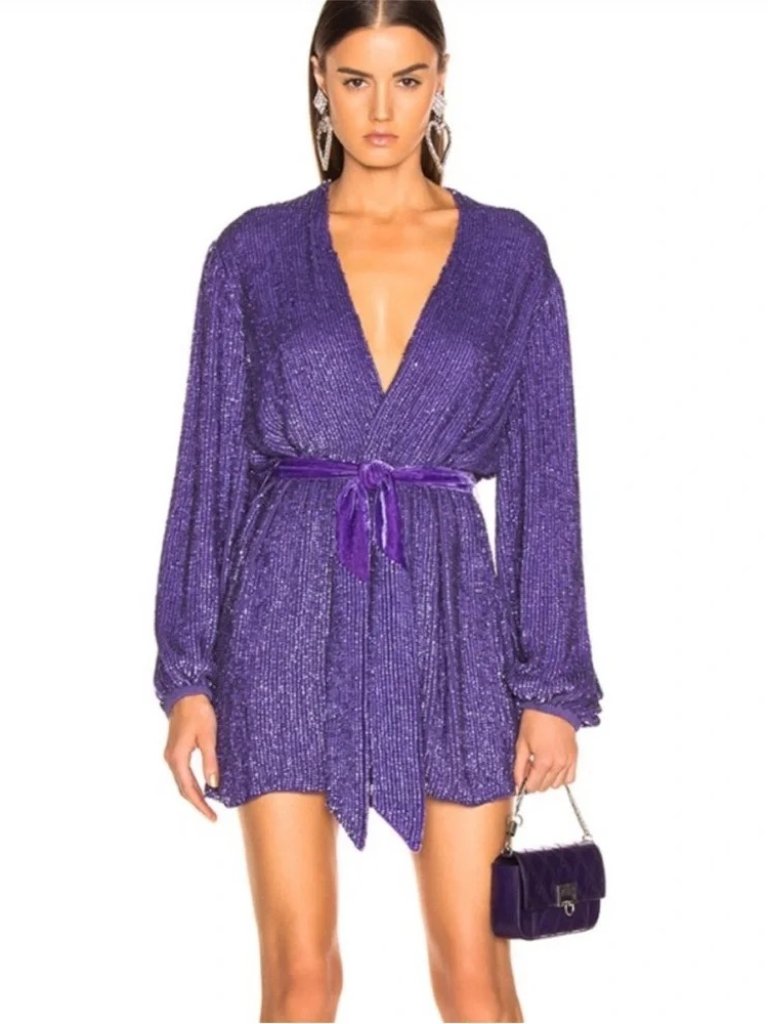 Retrofete Gabrielle Sequin Metal Purple Wrap Robe Mini Dress